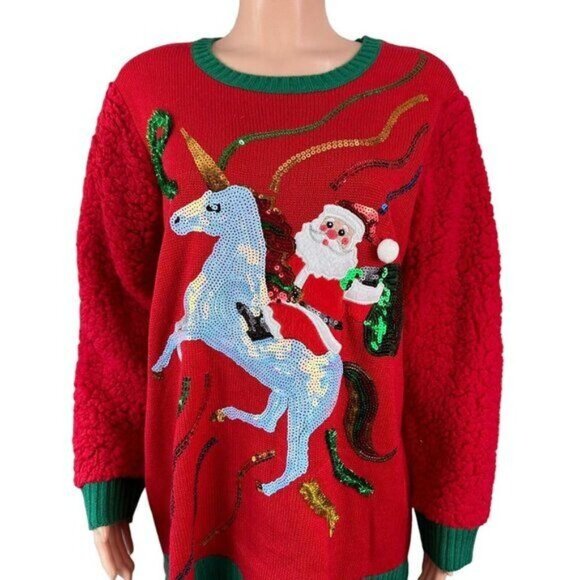 99 Jane Street Womens Red Santa Holiday Sequin Unicorn Hi-Low Sweater Top SZ 1X - Picture 2 of 15